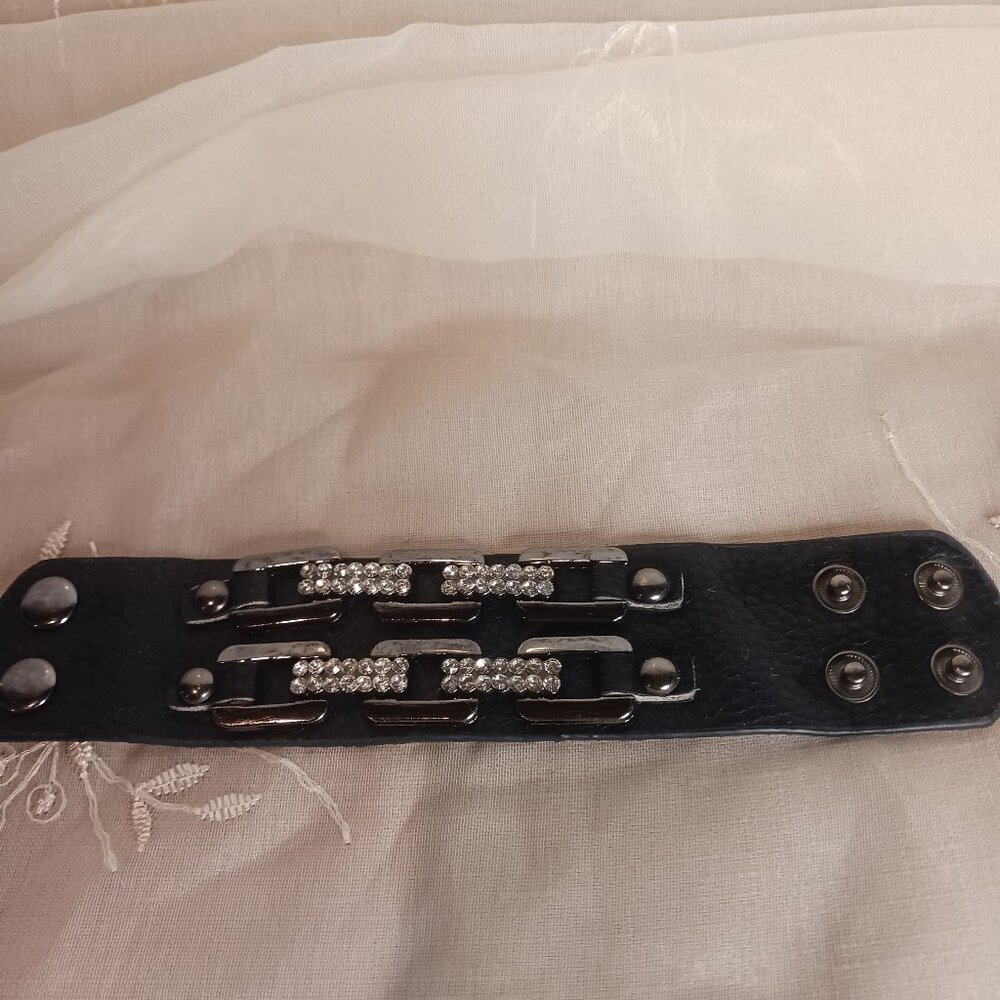 Yik Fung Black Leather And Rhinestone Cuff Bracelet